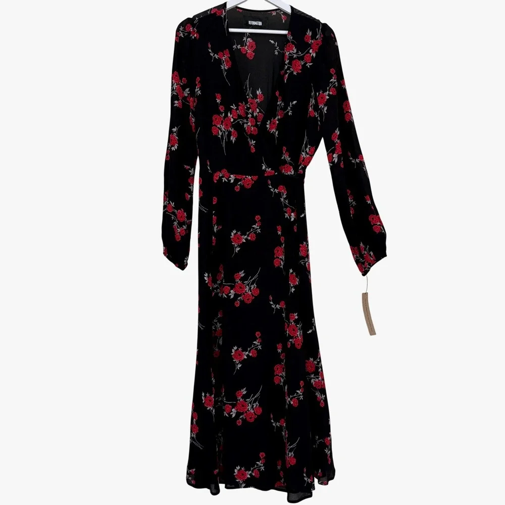 Reformation Womens Nicole Wrap Floral Midi Dress Long Sleeve Size L Boho Cottage - Picture 3 of 10